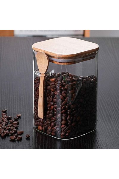 AKDC 800ml Square Glass Jar with Wooden Lid & Spoon – Airtight Borosilicate Canister [Set of 3]