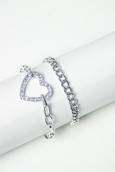 Modex Silver Color Double Heart Stone Bracelet (18cm)