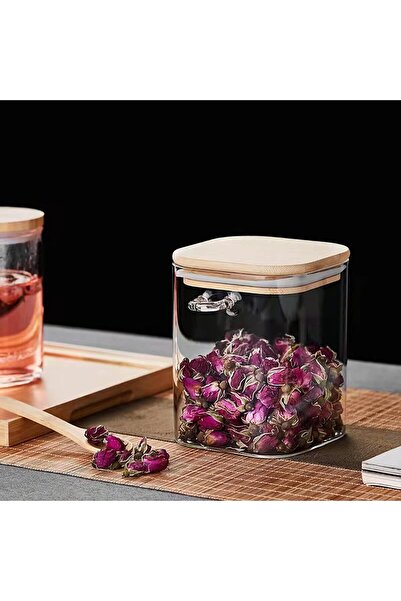AKDC 500ml Square Glass Storage Jar with Wooden Lid & Spoon - [Pack of 3]