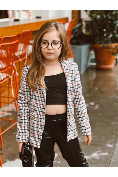 Hilal Akıncı Kids Girl's Red Houndstooth Patterned Blazer Jacket Black Leather Leggings Double Set