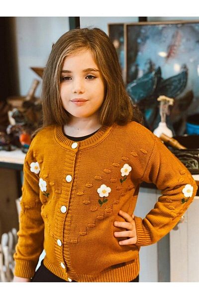 Hilal Akıncı Kids Girl's Daisy Embroidered Cardigan Knitwear Trousers Double Set
