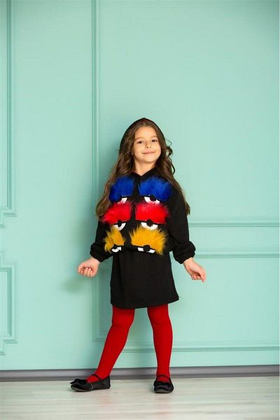 Hilal Akıncı Kids Girl's Three Thread Fur Eyelashes Detailed Hooded Sweat Black Skirt Set of 2