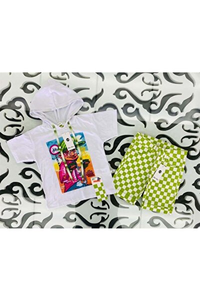 Hilal Akıncı Kids Tricou cu glugă cu imprimeu pentru ciclism pentru băieți, pantaloni scurți din denim în carouri Set de 2 piese