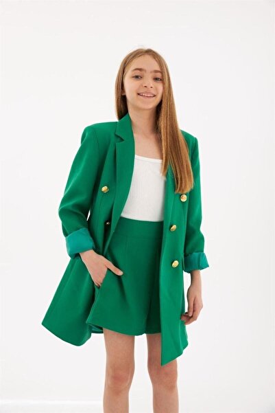 Hilal Akıncı Kids Girl's Gold Buttoned Blazer Jacket Colorful Shorts Set of 2