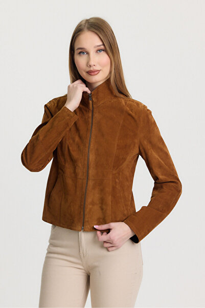 Orkır collection سترة نسائية مزدوجة الجوانب من جلد الغزال الأصلية بلون أسمر