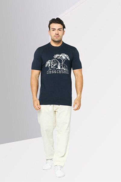 Cavalli Class Men Round Neck Short Sleeves Brand Logo T-Shirt, Navy