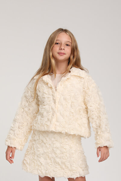 Escabel Premium Ecru Rose Patterned Girl's Jacket & Skirt Set - Elegant & Stylish