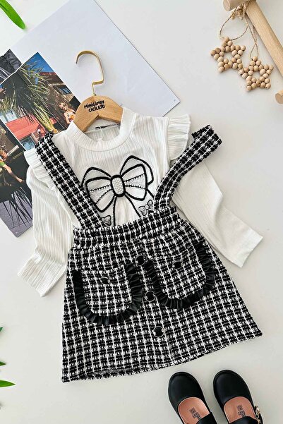 Minigimin Cicileri Комплект от 2 части за момиче на My Little One's Cici Tweed Jeck с шарка на панделка и мотив - черен