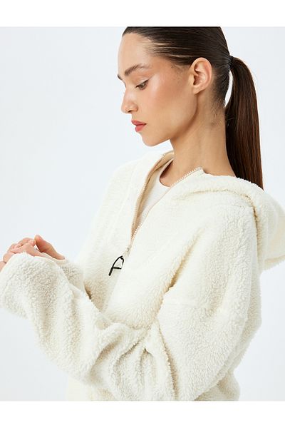 Koton Plush Sweatshirt with Hood - Half Zipper and Pocket Detail
