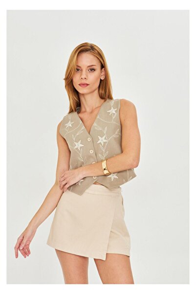 TIFFANY&TOMATO Çiçek Nakışlı Keten Görünümlü Yelek