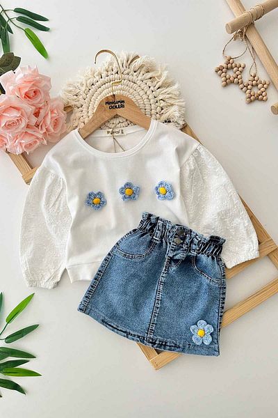 Minigimin Cicileri Set 2 piese pentru fete tricotate cu fustă din denim cu model margarete - albastru