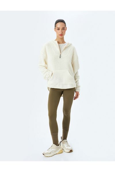 Koton Plush Sweatshirt with Hood - Half Zipper and Pocket Detail