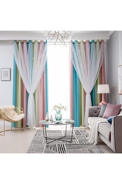 fulina Curtain,Simple Gradient Hollow-Out Star Pattern,Double Layer Blackout  Insulation,134cm * 240cm