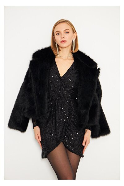 TIFFANY&TOMATO Kruvaze Yaka Siyah Pul Payet Elbise