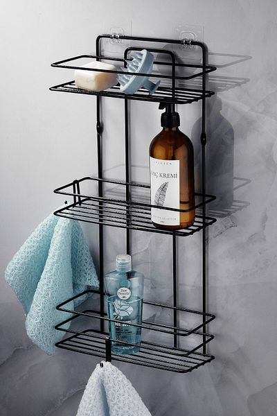 Sas Haus Durable Rustproof Adhesive Flat Bathroom Organizer Shampoo Dispenser Shower Shelf with Black Hook Tş-03