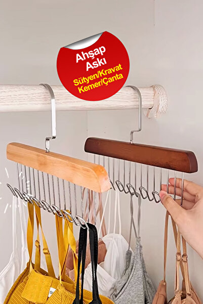 adornazzle Çok Fonksiyonlu Ahşap Askı, 8 Kancalı Askı, Eşarp Kravat Kemer Süt...