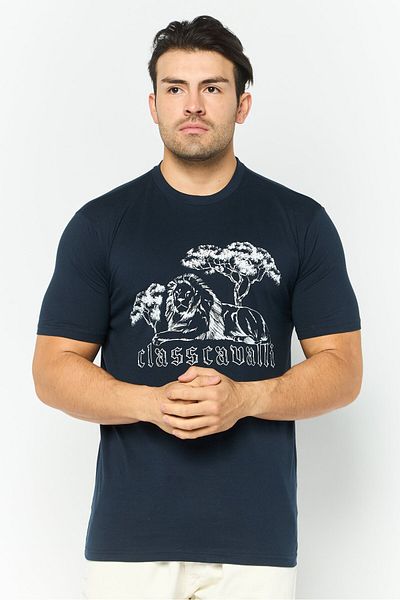 Cavalli Class Men Round Neck Short Sleeves Brand Logo T-shirt, Navy