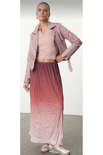 SEVEN NAY Burgundy Flared Gradient Gradient Crinkle Pleated Maxi Stretchy Skirt