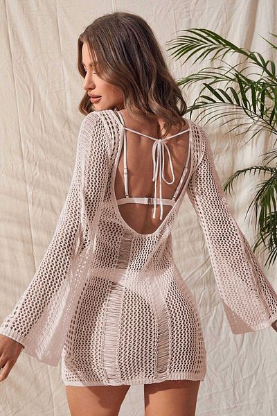 Angelsin Πλεκτό βαμβακερό μακρυμάνικο Pareo Beach Dress Kimono Kaftan