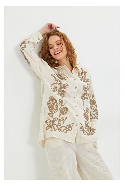 TIFFANY&TOMATO Lase Nakışlı Püsküllü Müslin Keten Görünümlü Gömlek