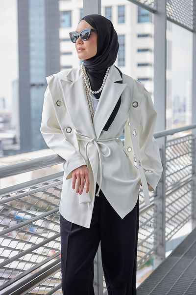 LOCCO White Women's Double Breasted Collar Blazer Jacket