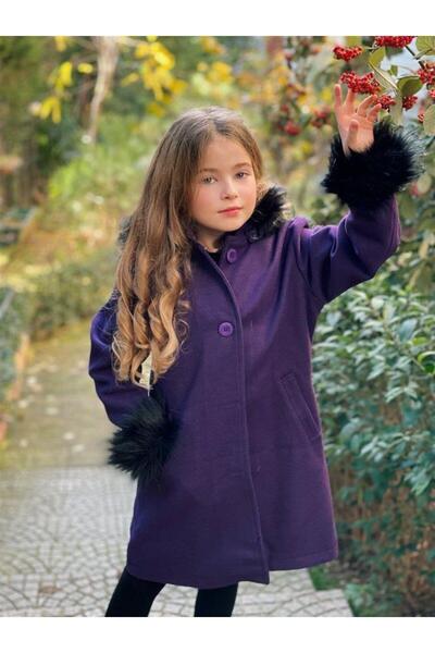 Hilal Akıncı Kids Girl's Hooded and Sleeved Cashmere Coat with Fur Detail