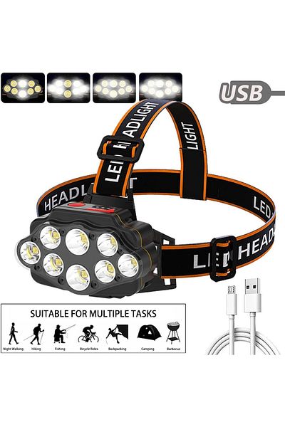 COOYA Rechargeable Headlamp,8 LED 18000 High Lumen Bright Head Lamp , Lightweight USB Light, 8 Mode