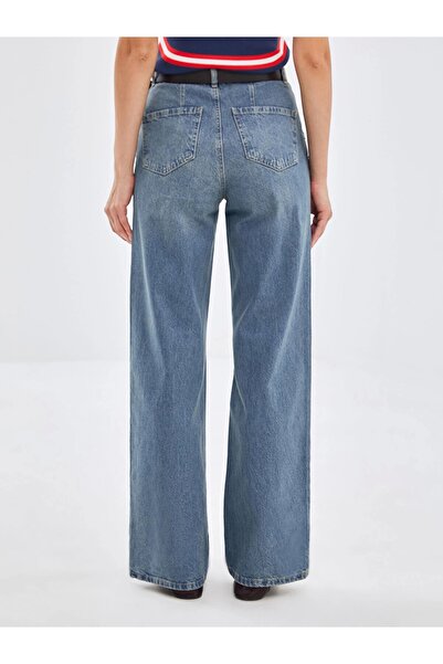 LC Waikiki LCW Jeans İNDİGO Beli Kemerli Wideleg Kadın Jean Pantolon