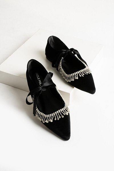 diclepolat Women's Black Velvet Stone Lacing Detail Women's Ballerina Ballet Velsa