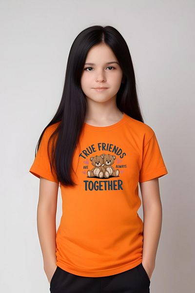 YA KO KİDS Teddy Bear Together Printed Girl's Short Sleeve T-Shirt and Sweatpants Set