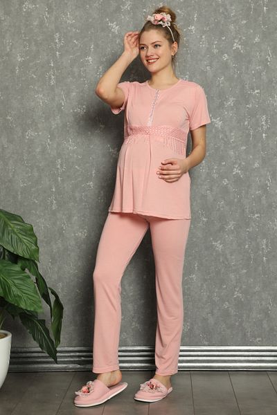 ERDENİZ TEKSTİL Maternity Pajama Set Lace Detailed Buttoned Front 5 Colors 2-Piece Bottom Top Suitable for Breastfeeding