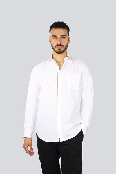 PAUL&SHARK Men's Stripe Line and Shark Pattern Pocket Detail Slim Fit Long Sleeve White Shirt 25413502 -010