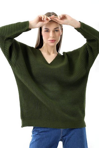 Devinka Women's Khaki Oversize Casual V-Neck Knitwear Sweater