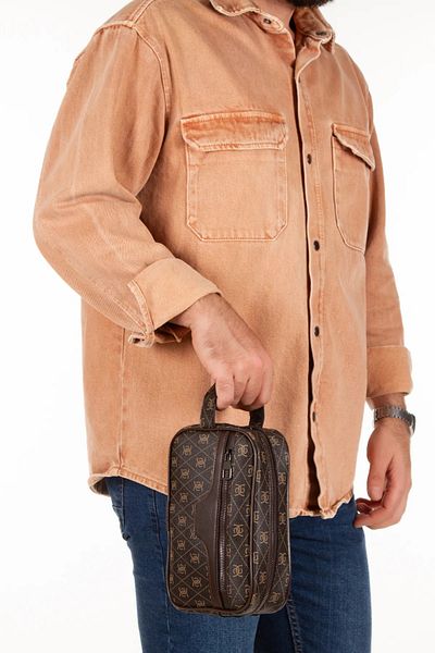 Leyl Men's Black Patterned Fabric Vegan Leather Water Resistant Elegant Portfolio Handbag
