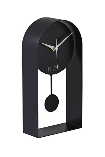 Muyika Design Masa Saati Sarkaçlı Metal Siyah Renk Sessiz Mekanizma Dekoratif Modern Tasarım 32x16cm Mms
