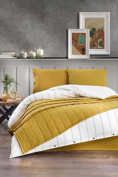 Altınbaşak Freda Double Duvet Cover-Bedspread Set Mustard (5 Pieces)