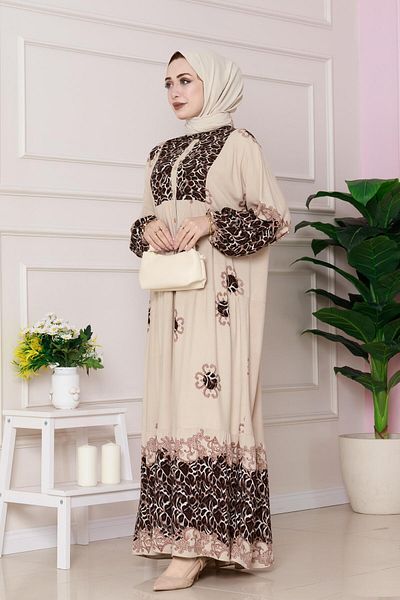 Sevitli Leopard Patterned Robe Viscon Dress-Beige