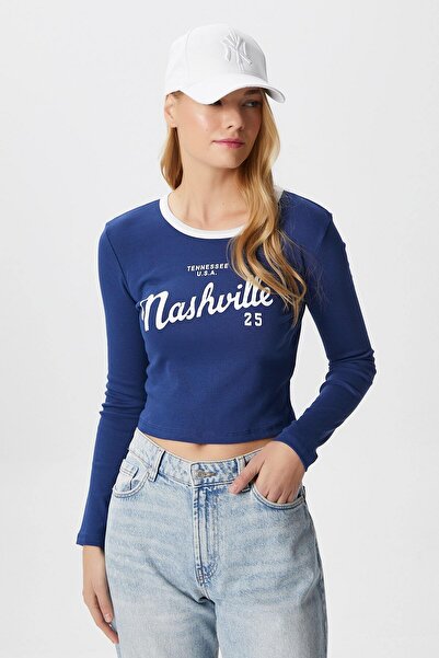 Ritnice Women's Nash Navy Blue Cotton Slogan Printed Blouse