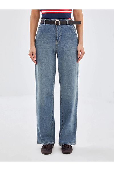 LC Waikiki LCW Jeans Indigo με ζώνη μέσης Wideleg Γυναικείο τζιν παντελόνι
