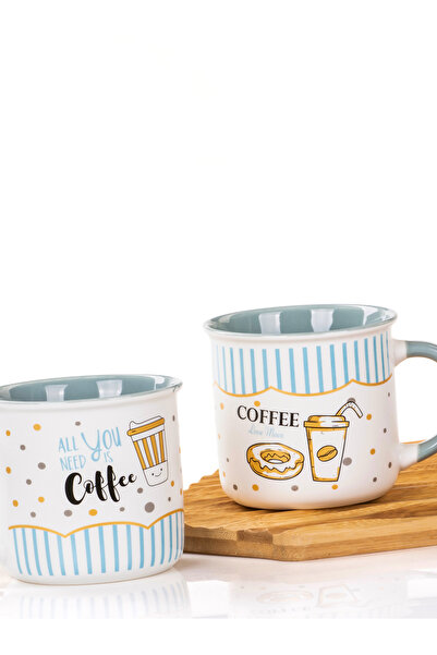 MUKKO HOME 2'li Porselen Kupa Seti Coffee Desenli Porselen Kupa – 350ml