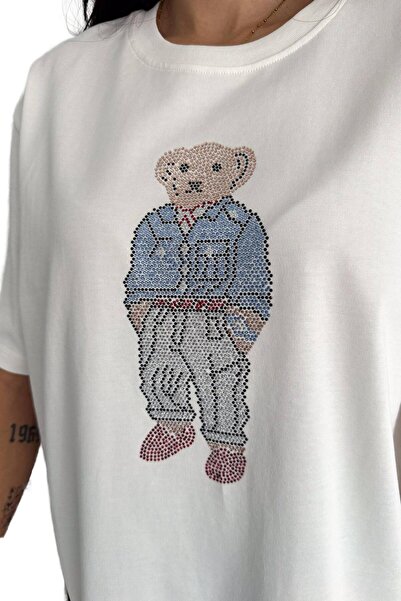 Moda Amore Teddy Bear T-Shirt - Προσαρμοσμένο Σχέδιο Κεντημένο με Πέτρα Oversize Άνετη Κοπή 405