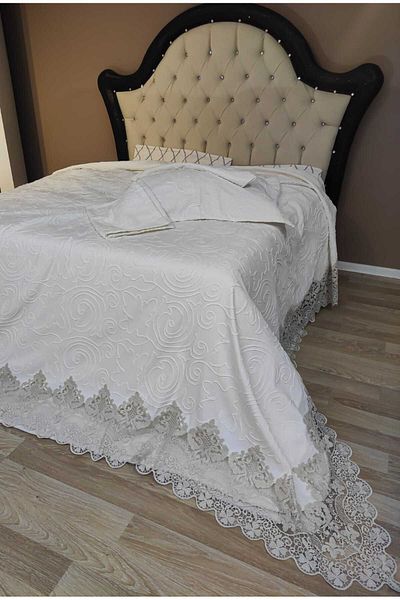 Çt Çeyizci Tekstil Double Bed Cover 3 Piece Cream Bed Cover