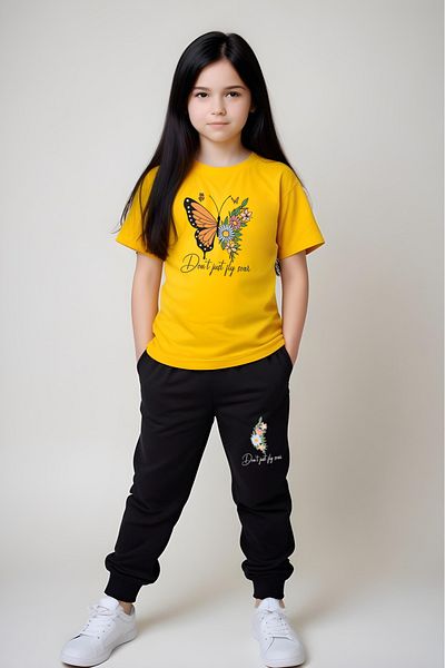 YA KO KİDS Just Fly Butterfly Printed Girls' Short Sleeve T-Shirt and Sweatpants Set