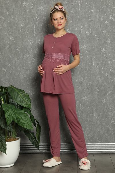 ERDENİZ TEKSTİL Maternity Pajama Set Lace Detailed Buttoned Front 5 Colors 2-Piece Bottom Top Suitable for Breastfeeding