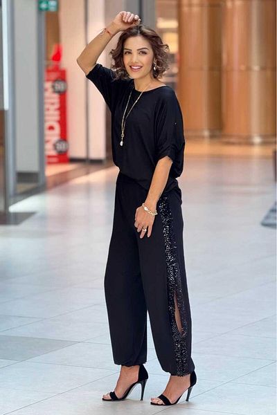 Nevin Kaya Moda Black Sequin Sequin Detailed Slit Cotton Baggy