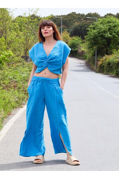 Su Koleksiyon Blue Karma Muslin Blouse & Pantalon Set