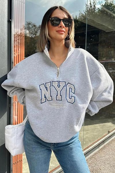 Neşeli Butik Women Gray Inside Fleece Embroidery Sweat Nbg033