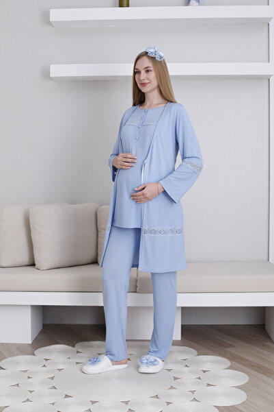 ERDENİZ TEKSTİL Hamile & Lohusa Pijama Takımı Sabahlıklı Dantel Detaylı ve Önü Düğmeli / Terlik ve Taç Hediyeli