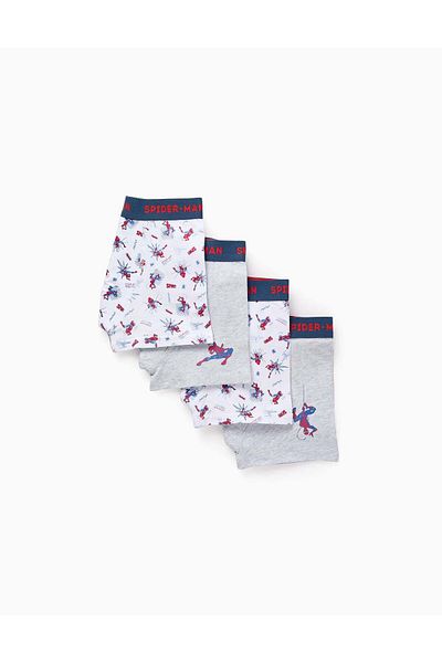 Ziddy Pack of 4 Plain/Printed Boxer Shorts for Boys 'Spider-Man', Multicolour
