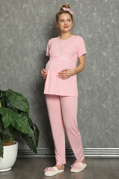 ERDENİZ TEKSTİL Maternity Pajama Set Lace Detailed Buttoned Front 5 Colors 2-Piece Bottom Top Suitable for Breastfeeding